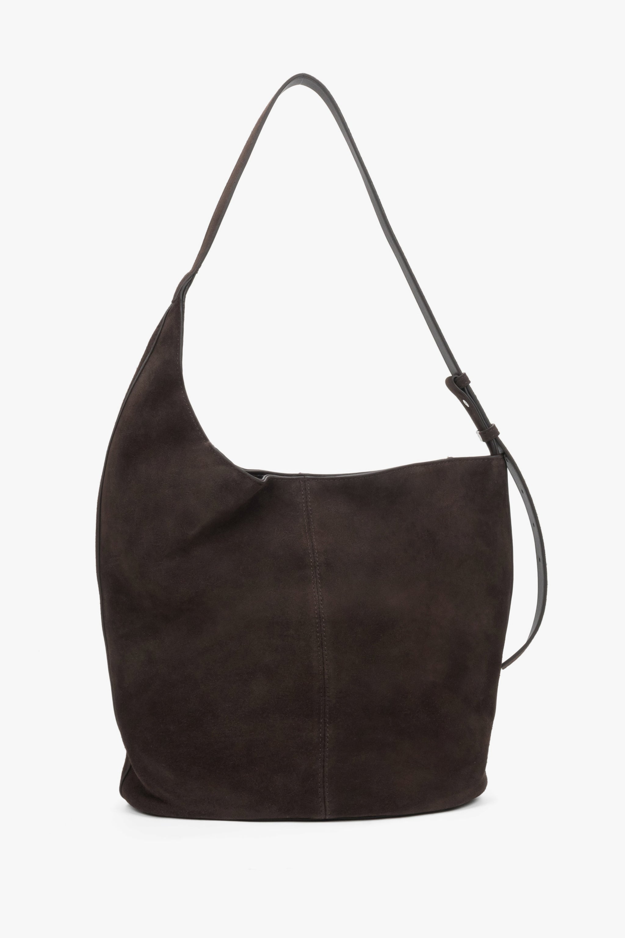 Dunkelbraune Damen-Hobo-Shopper-Tasche aus natürlichem Veloursleder in Rückansicht