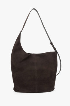 Dunkelbraune Damen-Hobo-Shopper-Tasche aus natürlichem Veloursleder in Rückansicht