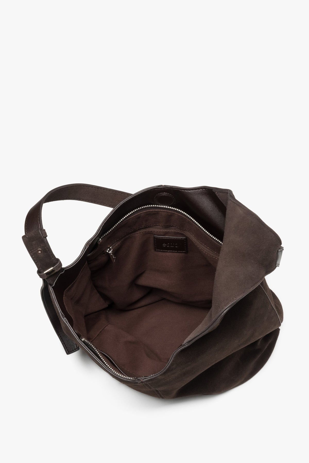 Dunkelbraune Damen-Hobo-Shopper-Tasche aus Veloursleder mit geöffnetem Innenraum