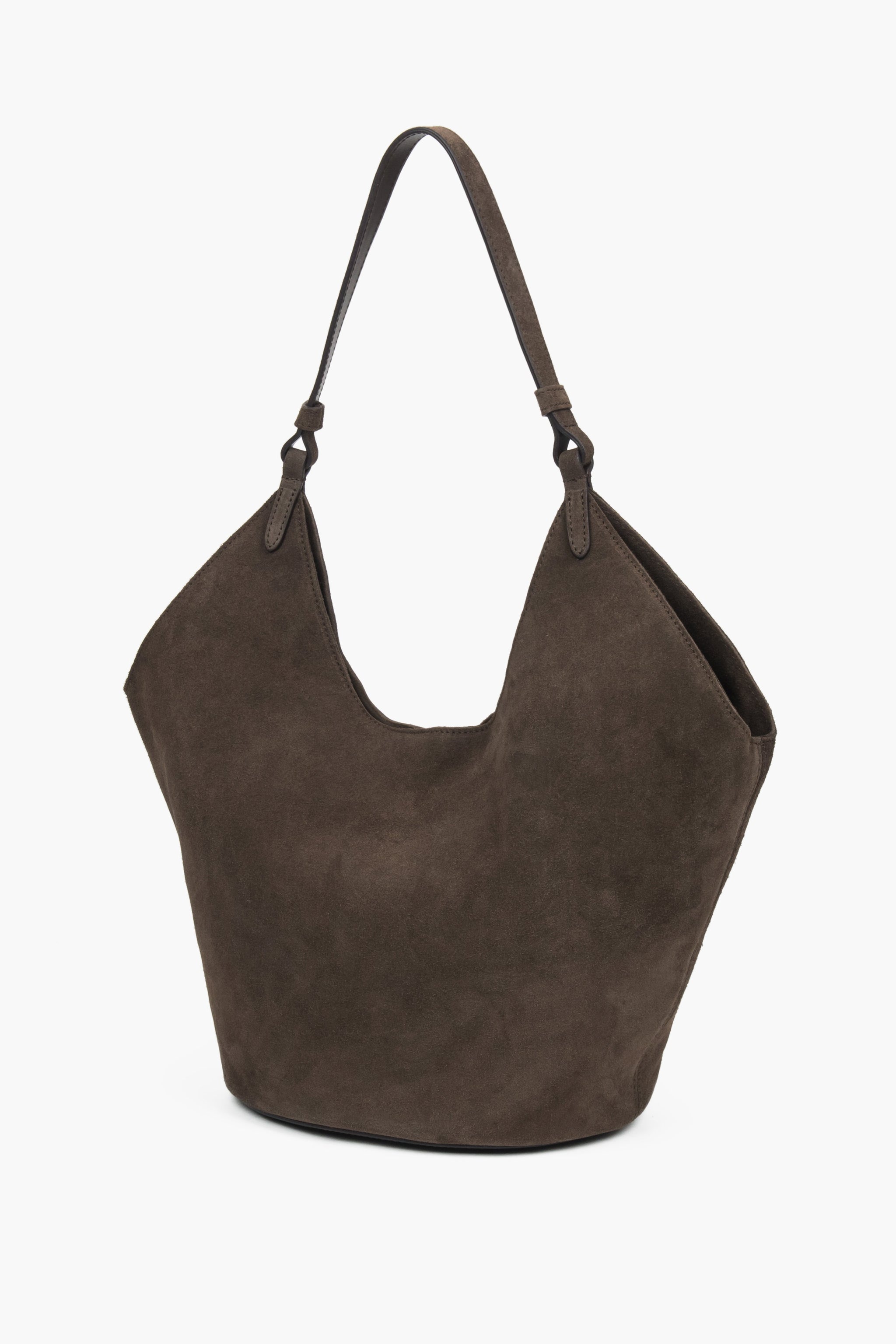 Frontansicht der dunkelbraunen Damen-Hobo-Tasche mit kleiner Kosmetiktasche