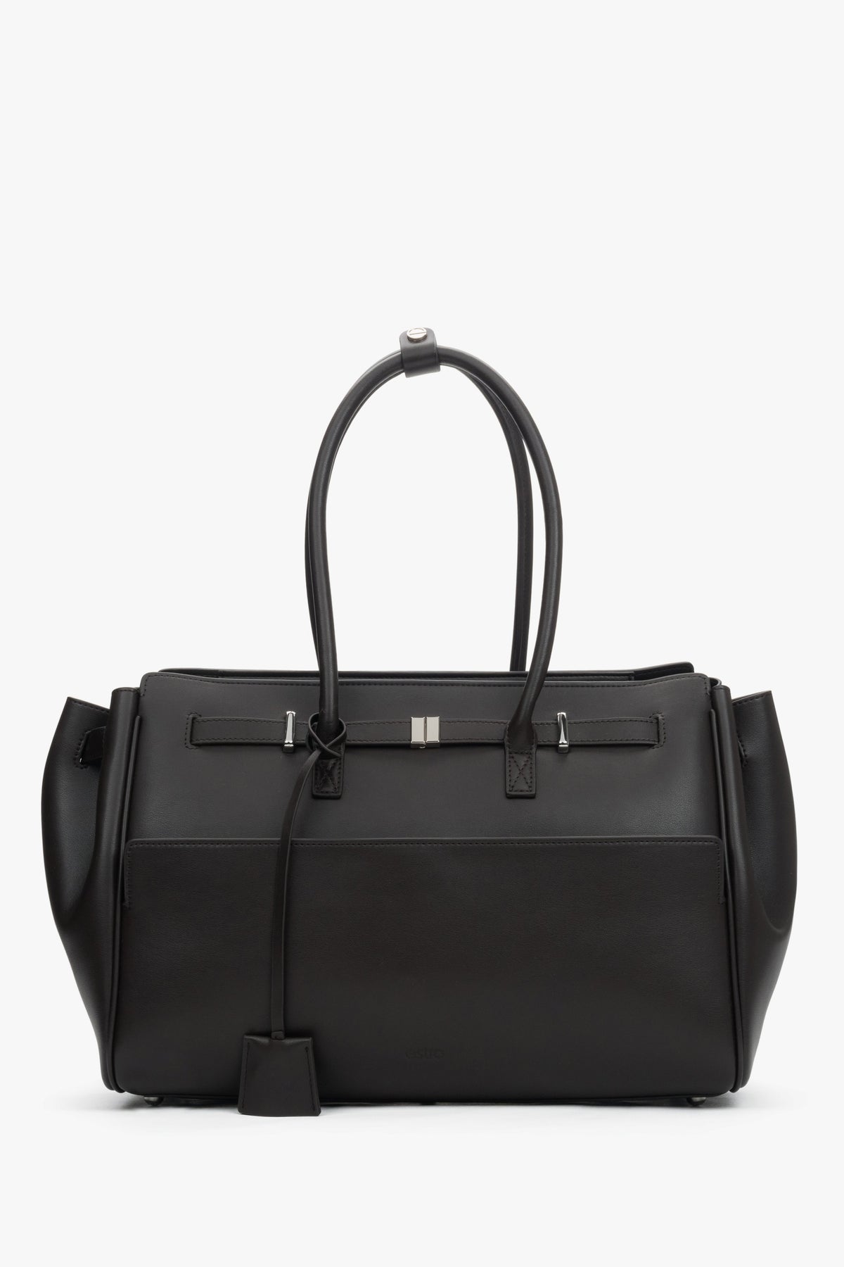 Frontalansicht der formstabilen dunkelbraunen Damen-Koffertasche aus Echtleder.