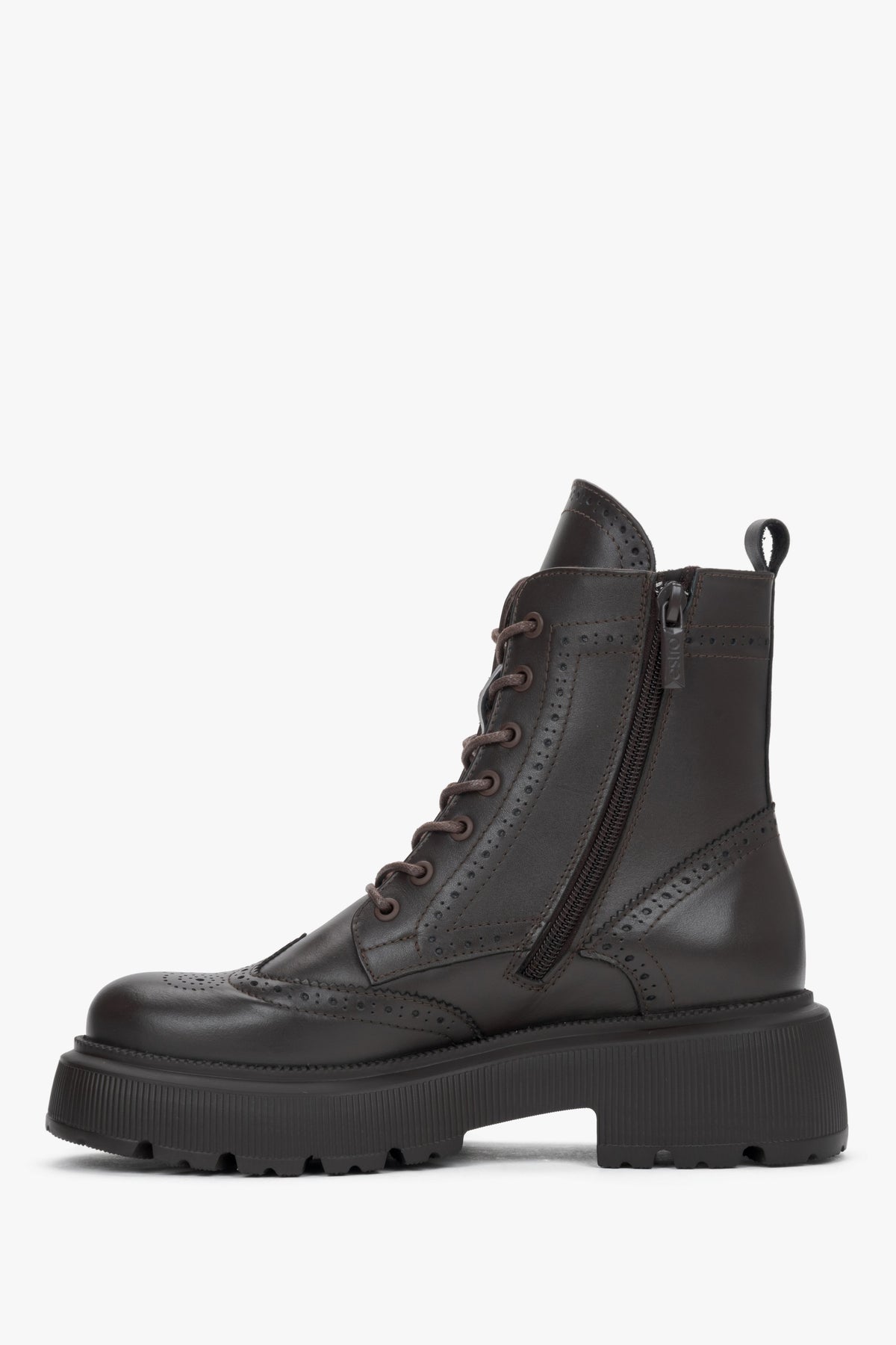 Reines Seitenprofil der rechten dunkelbraunen Stiefelette mit sichtbarem Reißverschluss und Schnürung