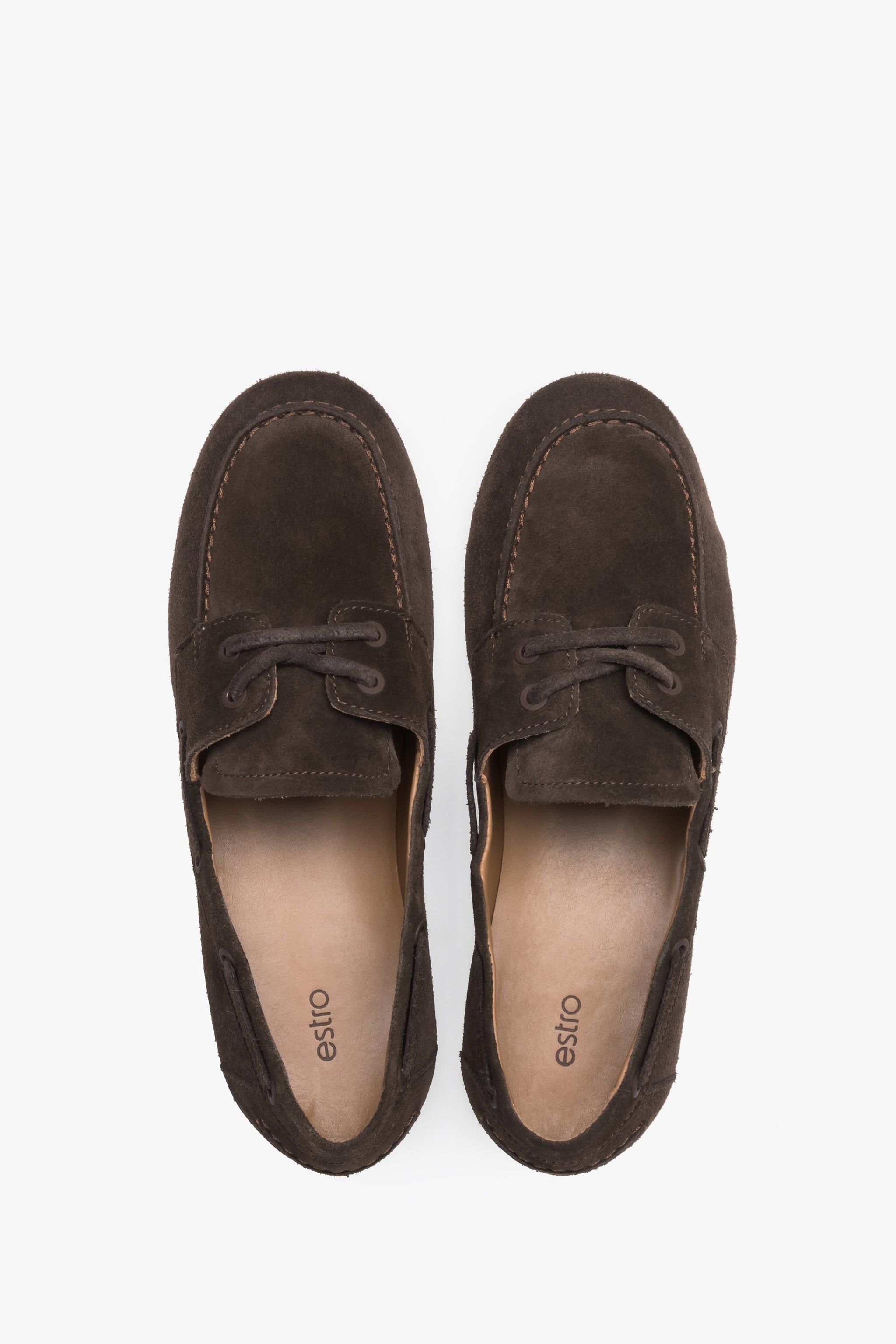 Dunkelbraune Damen-Loafer aus Premium-Veloursleder von oben als Paar