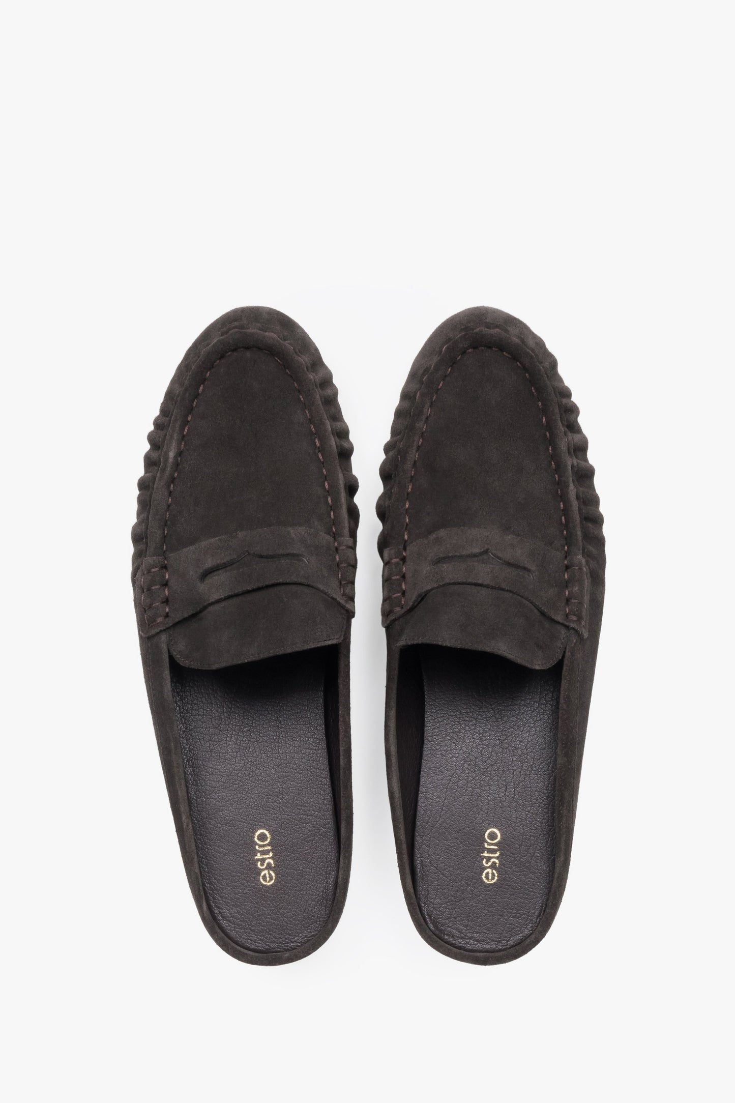Dunkelbraune Damen-Mules aus Veloursleder von oben als Paar