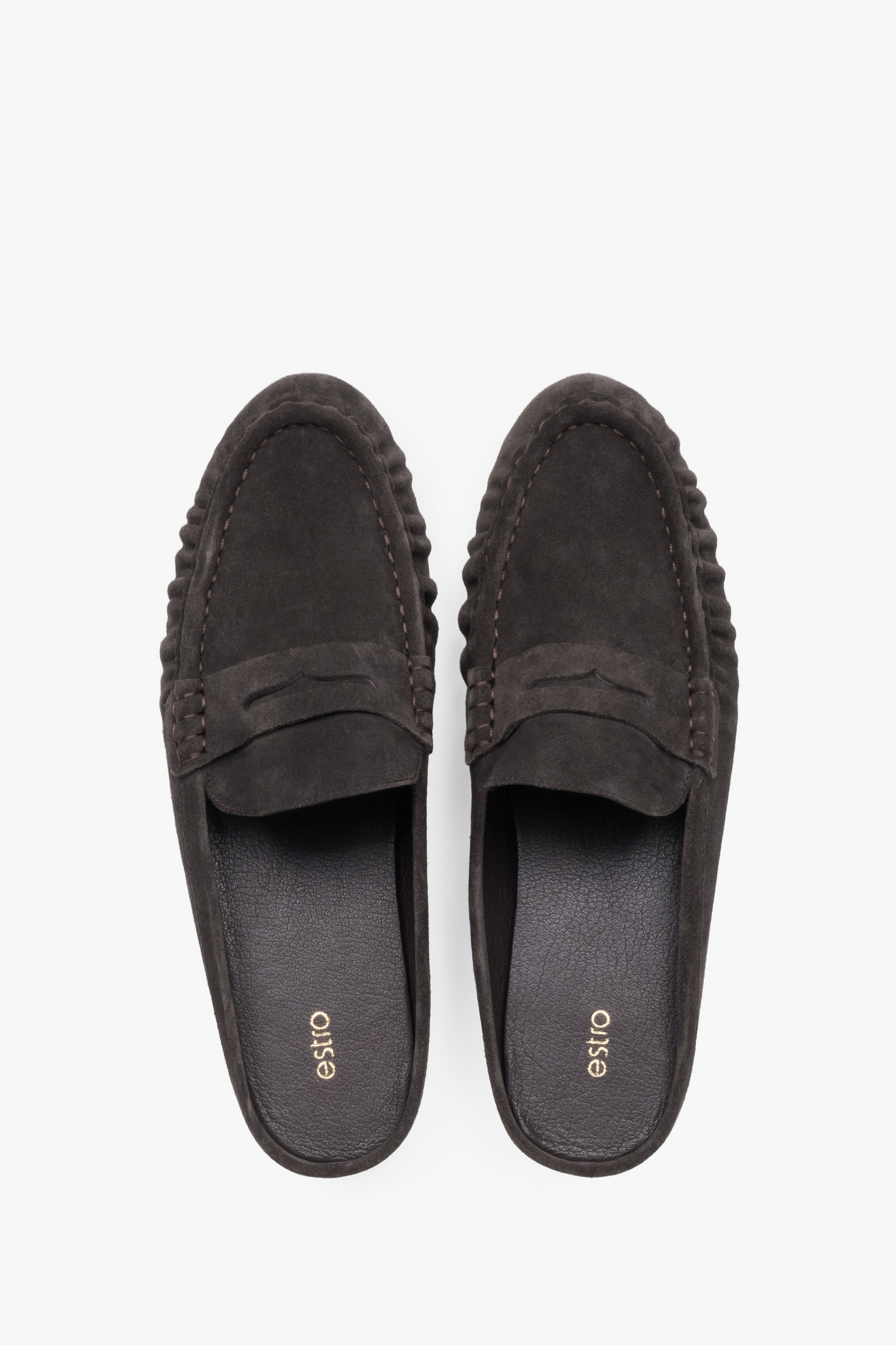 Dunkelbraune Damen-Mules aus Veloursleder von oben als Paar