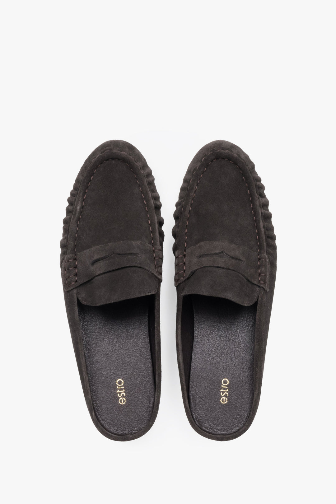 Dunkelbraune Damen-Mules aus Veloursleder von oben als Paar