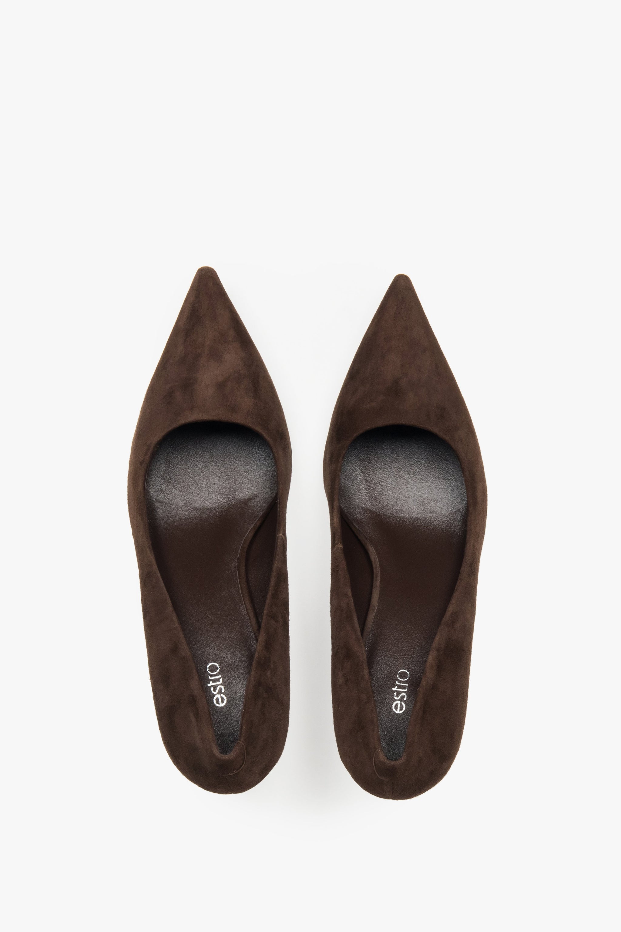 Dunkelbraune Damen-Pumps aus natürlichem Veloursleder von oben als Paar