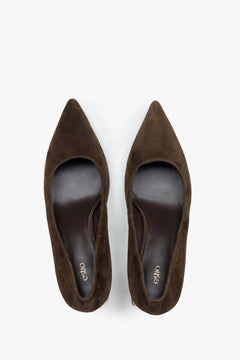 Draufsicht auf das Paar dunkelbrauner Pumps mit eleganter, spitzer Form.