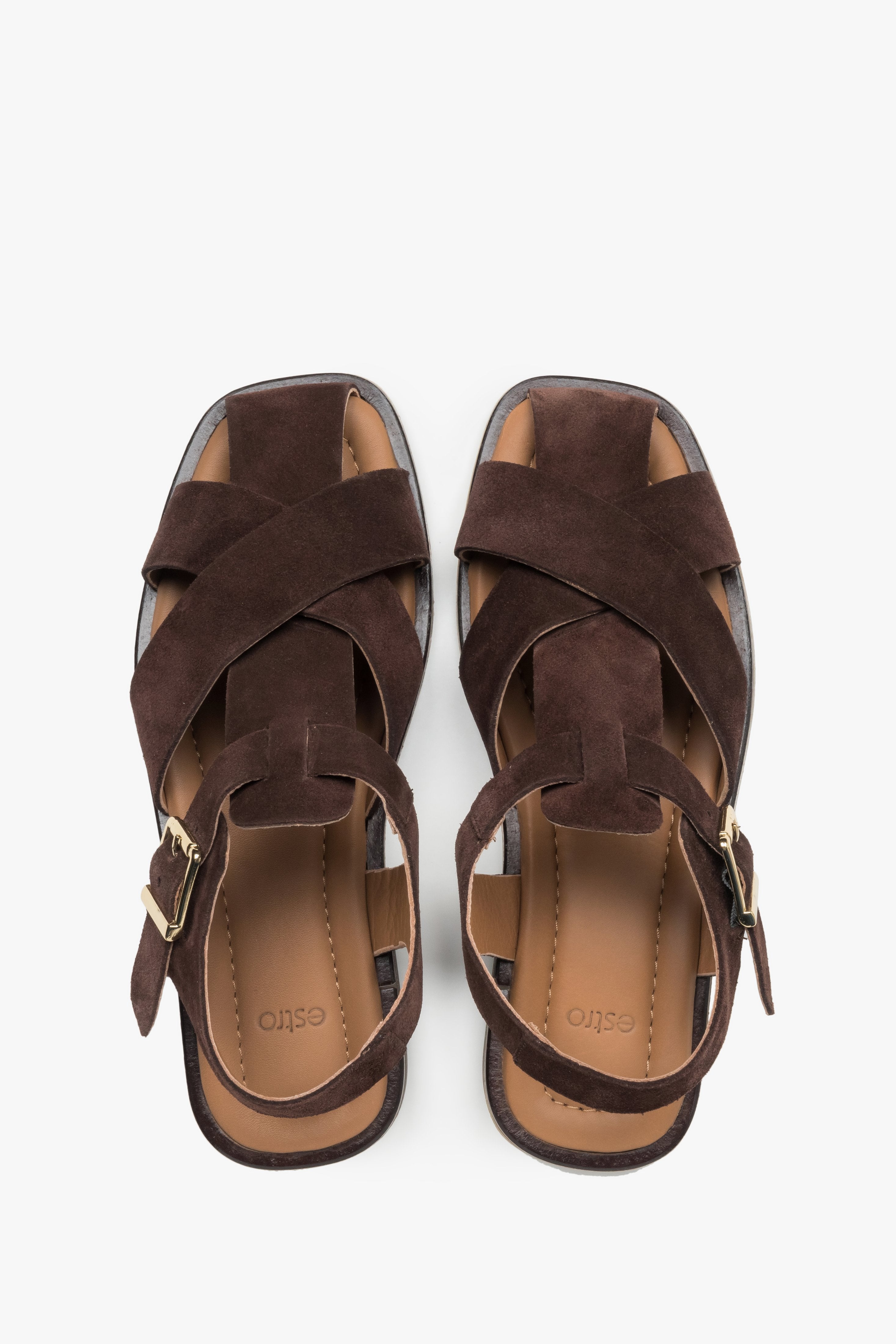 Dunkelbraune Damen-Sandalen aus Veloursleder von oben als Paar