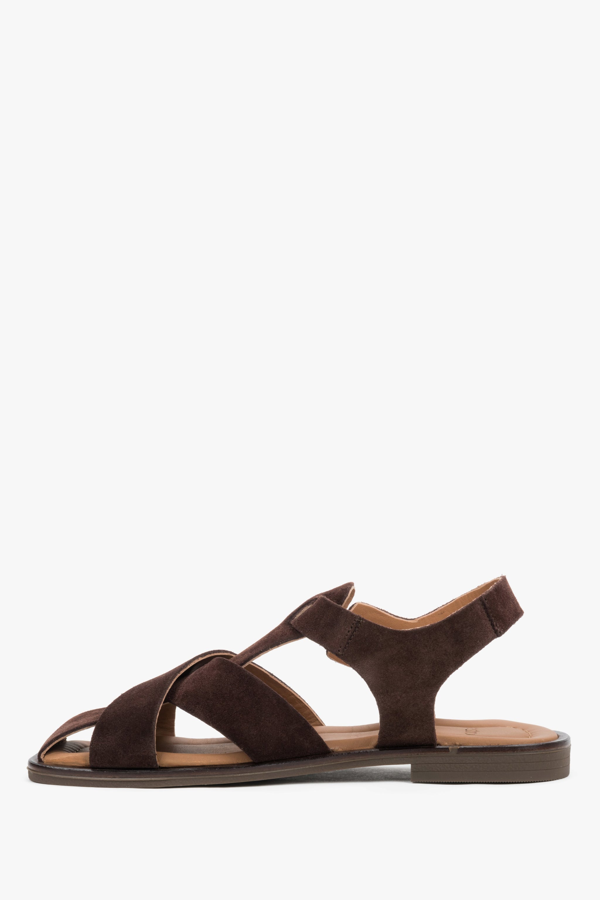 Dunkelbraune Damen-Sandalen aus Veloursleder in seitlicher Ansicht mit geschlossener Vorderpartie