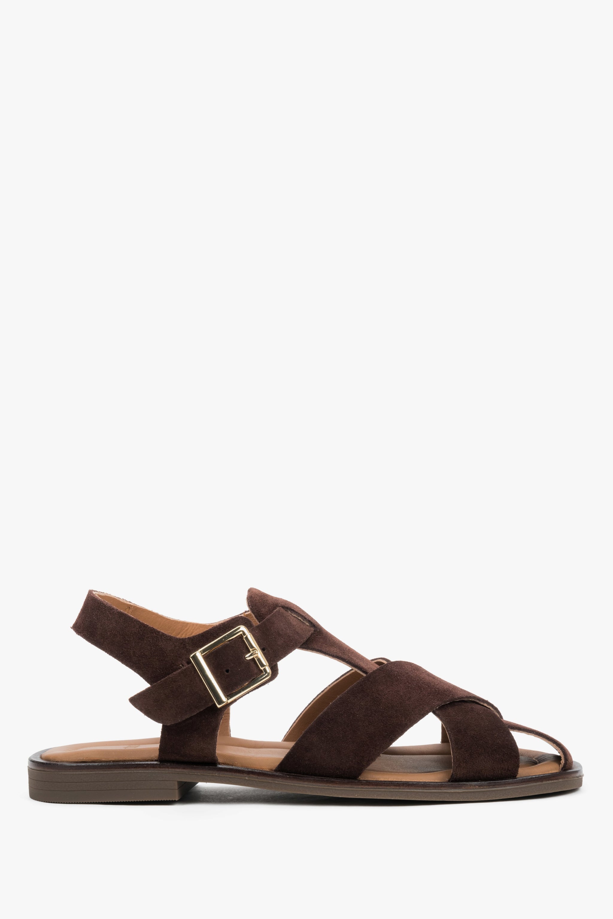 Dunkelbraune Damen-Sandalen aus natürlichem Veloursleder in flacher Seitenansicht