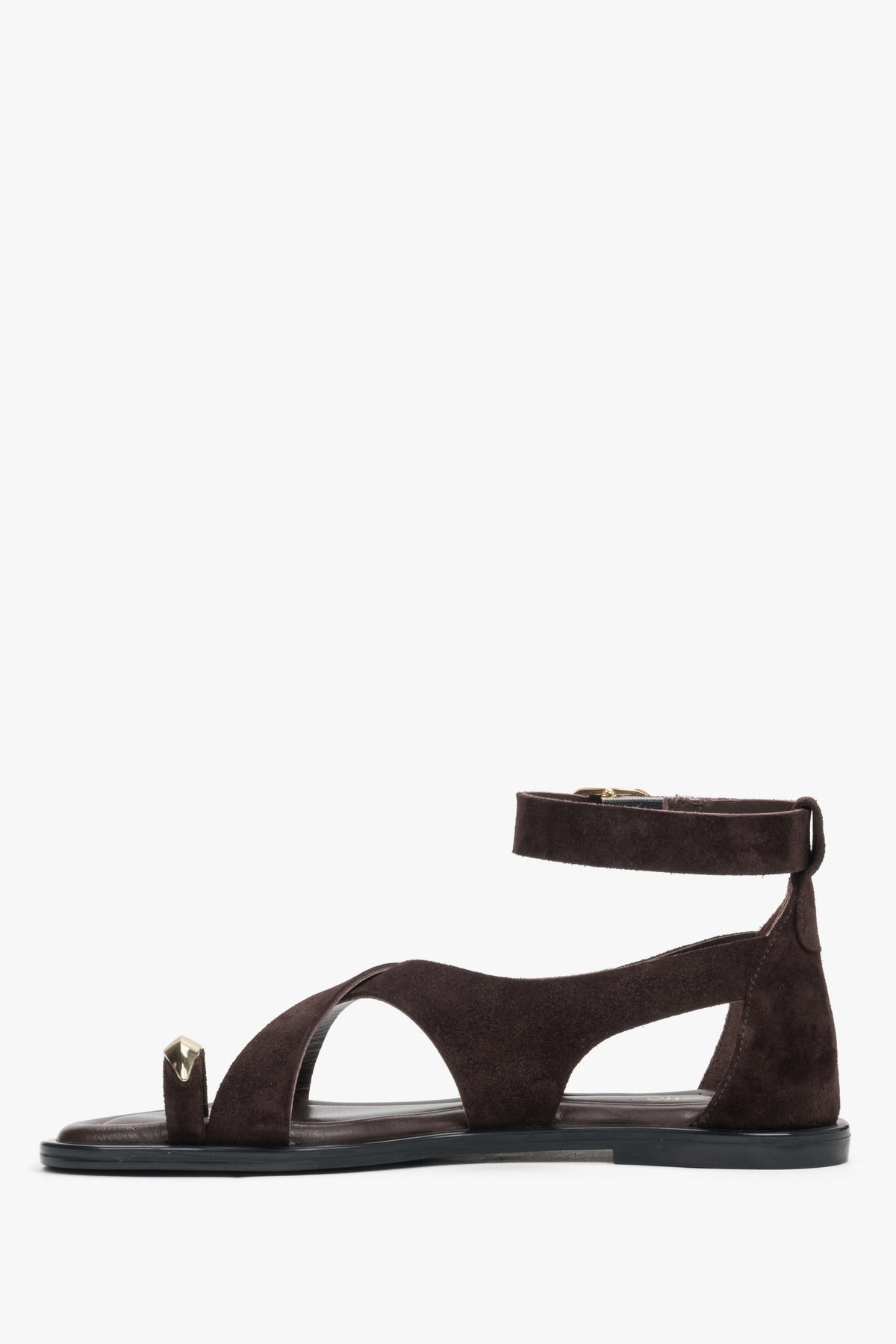 Dunkelbraune Damen-Sandalen aus Naturveloursleder in seitlicher Profilansicht