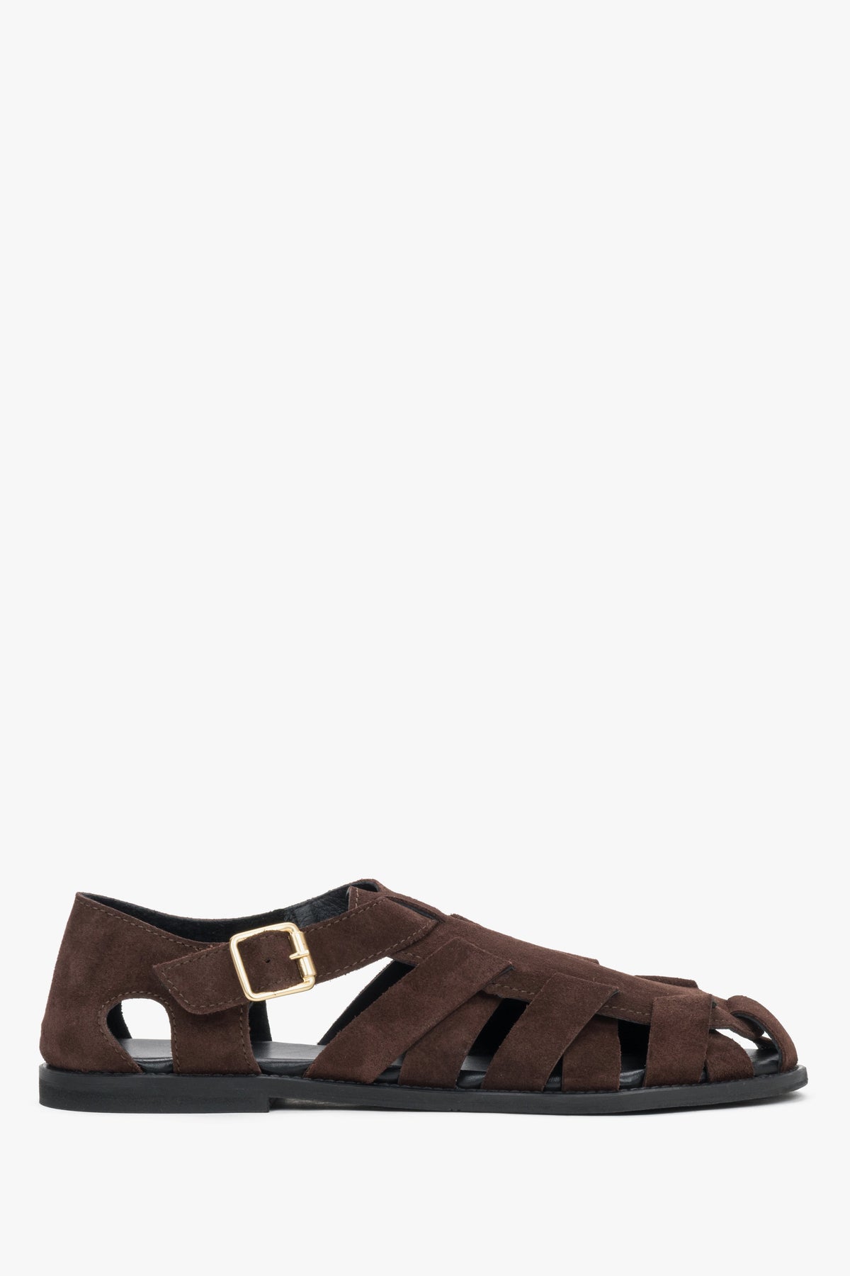 Dunkelbraune Damen-Sandalen aus natürlichem Veloursleder in seitlicher Profilansicht