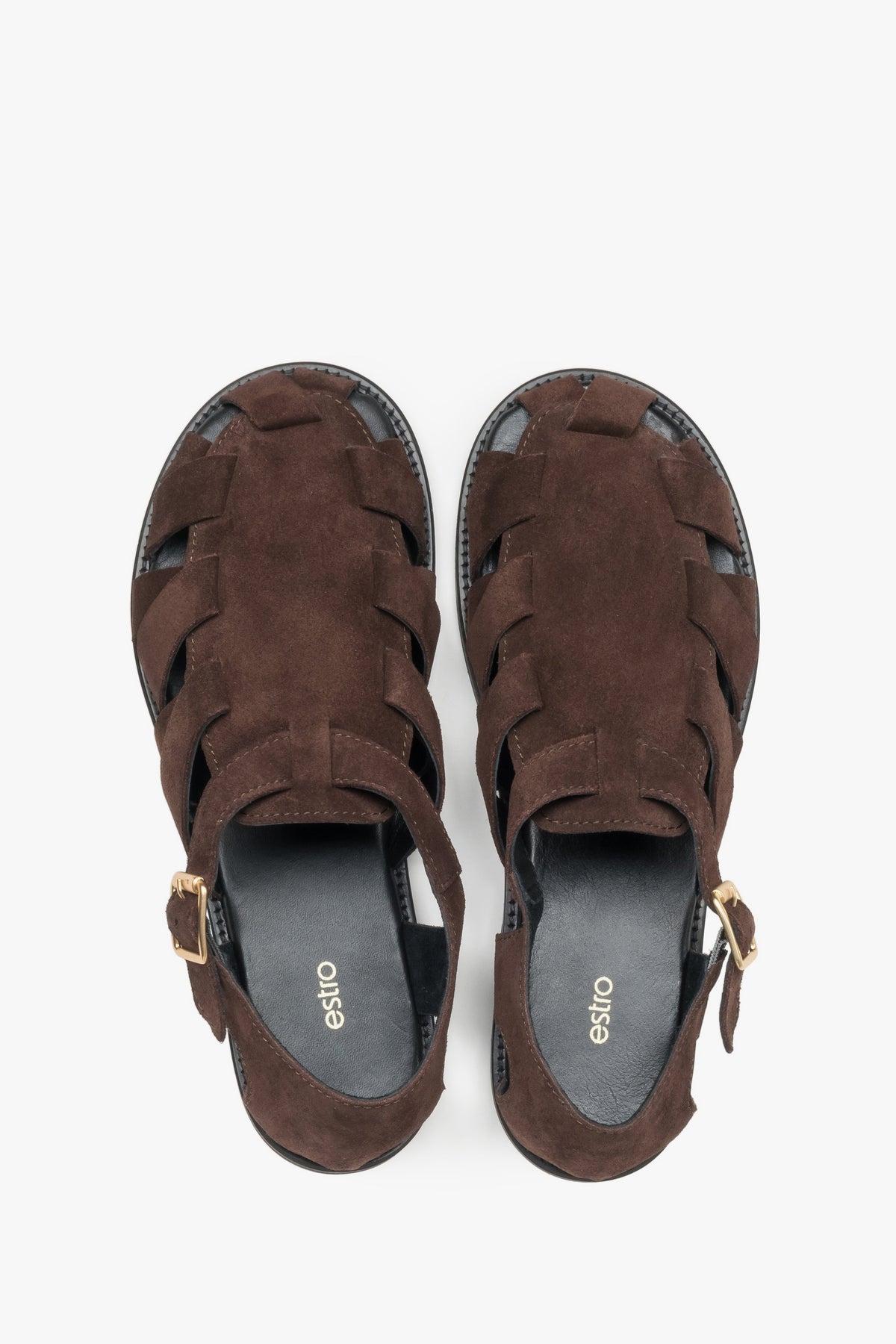 Dunkelbraune Damen-Sandalen im Fisherman-Stil von oben als Paar