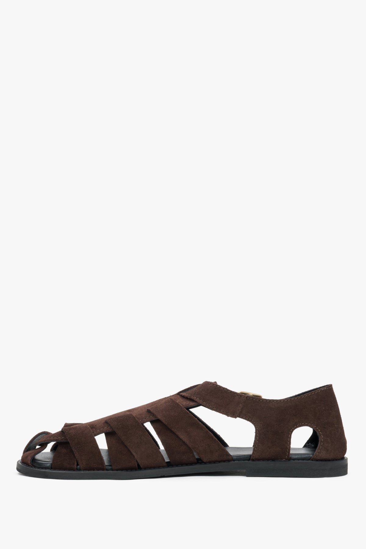 Dunkelbraune Damen-Sandalen aus Veloursleder in Seitenansicht