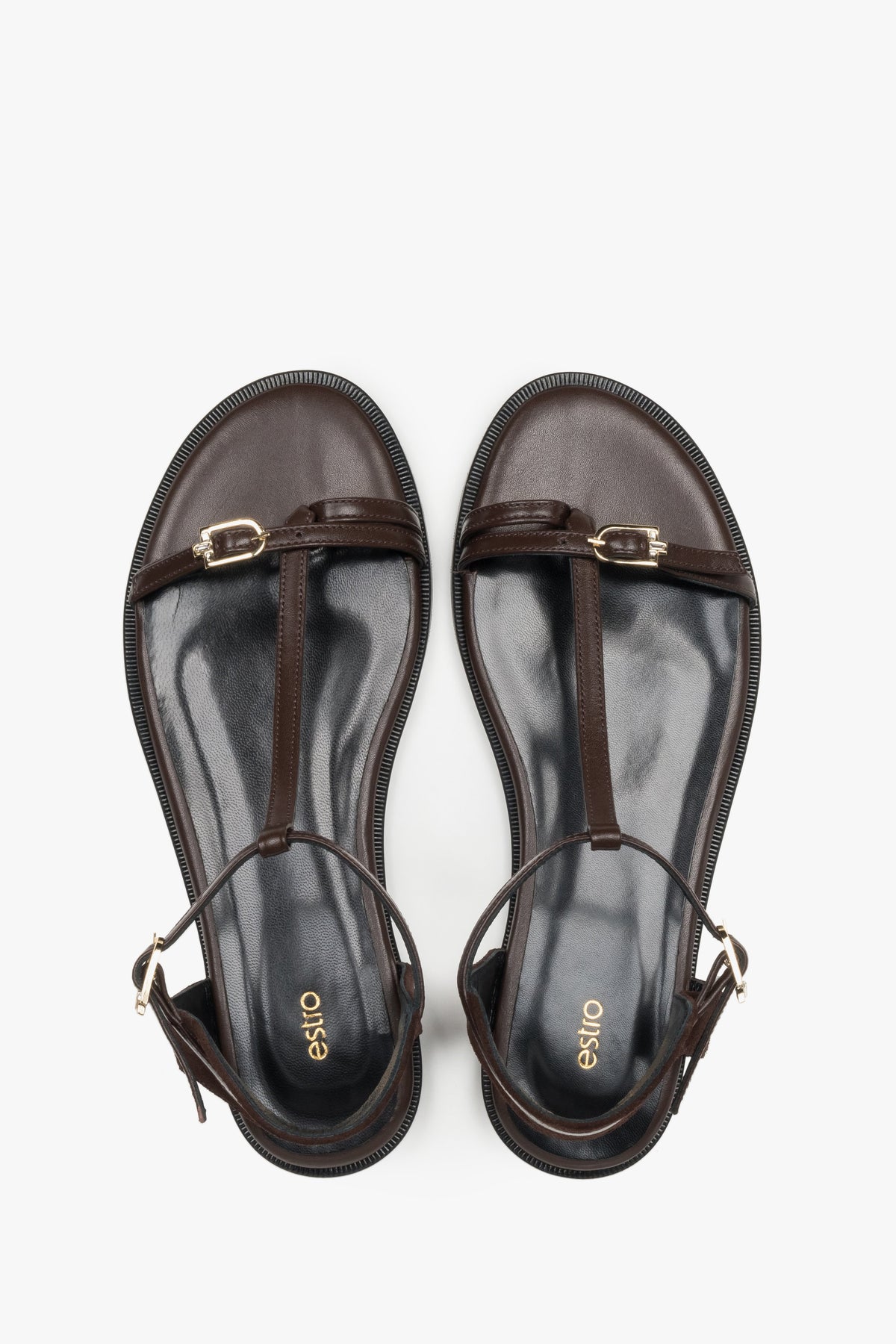 Dunkelbraune Damen-Sandalen aus Leder und Veloursleder von oben mit Zehenschlaufe