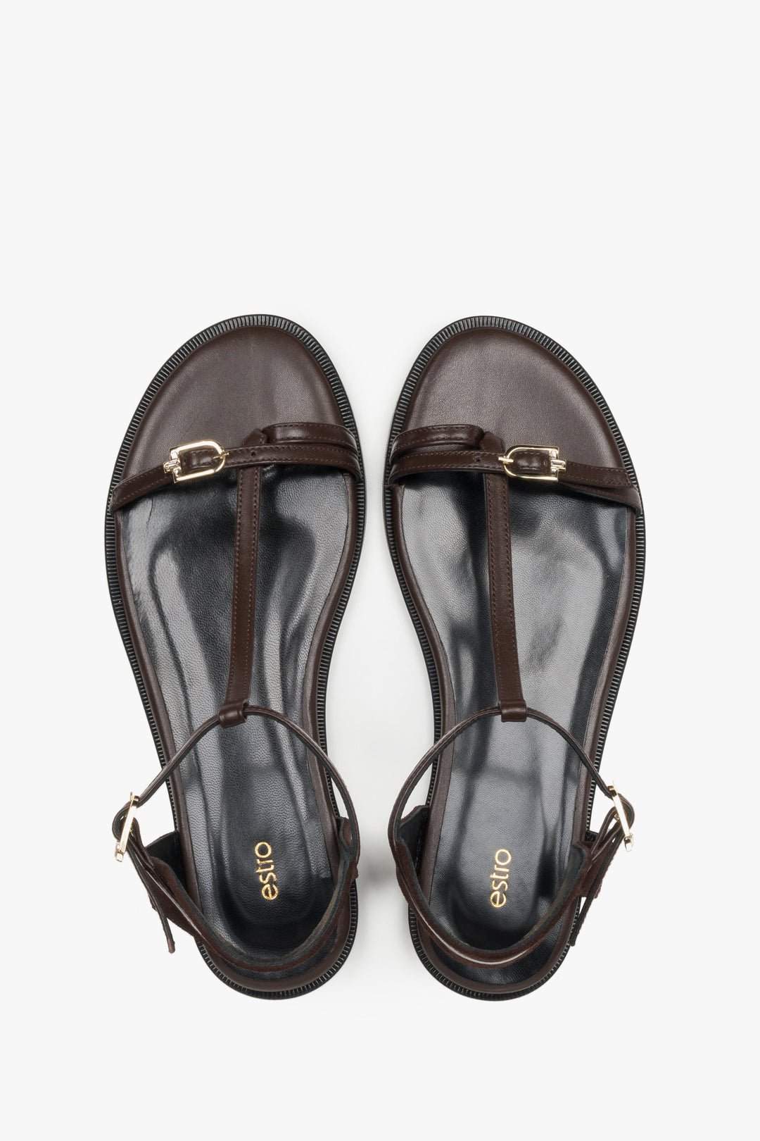 Dunkelbraune Damen-Sandalen aus Leder und Veloursleder von oben mit Zehenschlaufe