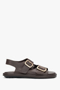 Seitenansicht der dunkelbraunen Damen-Sandalen aus Leder mit goldenen Schnallen