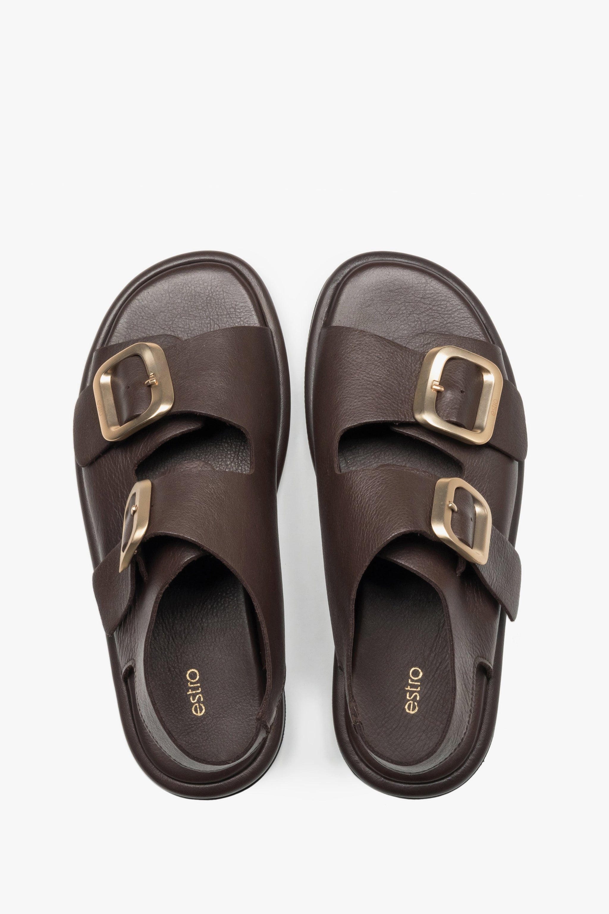 Draufsicht auf das Echtleder-Fußbett der dunkelbraunen Damen-Sandalen