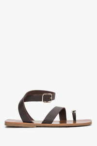 Dunkelbraune Damen-Sandalen aus Echtleder mit goldenem Zehenring