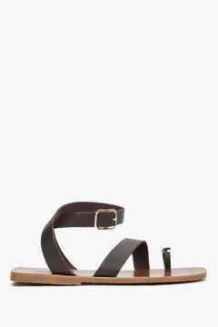 Dunkelbraune Damen-Sandalen aus Echtleder mit goldenem Zehenring