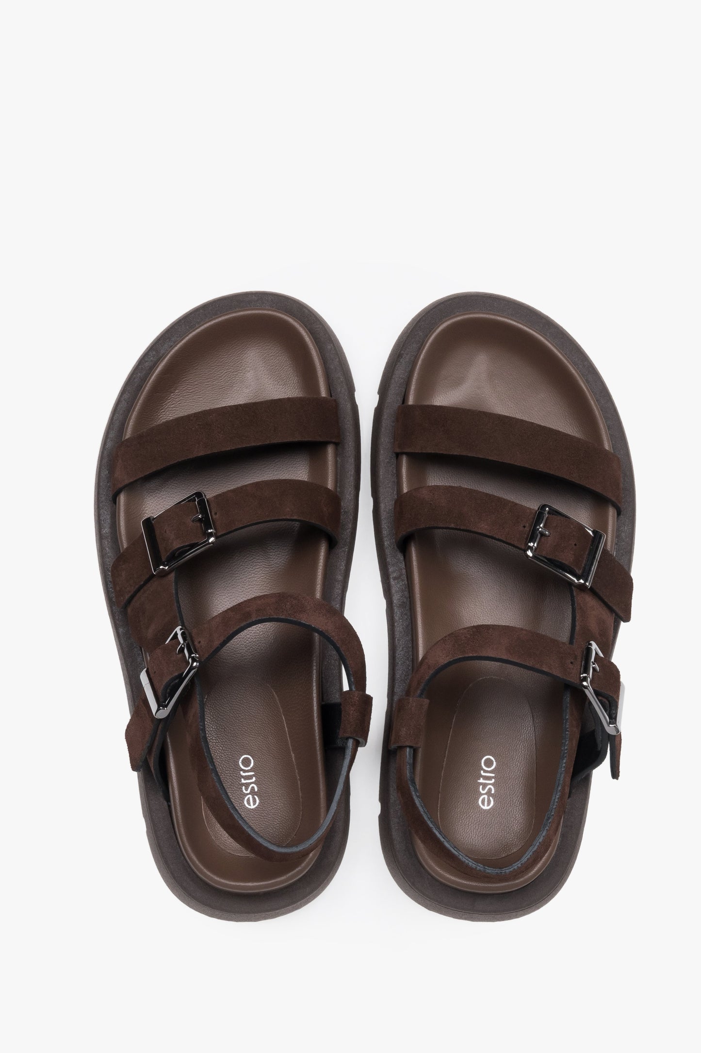 Dunkelbraune Damen-Sandalen von oben mit breiten Riemen und Schnallen
