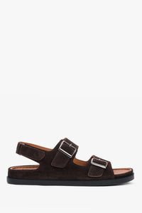 Rechte Seitenansicht der dunkelbraunen Comfort-Sandalen aus Veloursleder