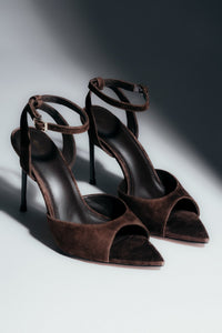 Dunkelbraune Damen-Sandalen aus Veloursleder mit Stilettoabsatz Estro ER00119474