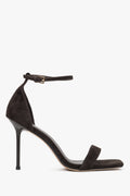Dunkelbraune Damen-Sandaletten aus echtem Velours mit Stilettoabsatz
