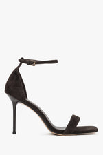 Dunkelbraune Damen-Sandaletten aus echtem Velours mit Stilettoabsatz
