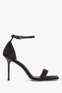 Dunkelbraune Damen-Sandaletten aus echtem Velours mit Stilettoabsatz