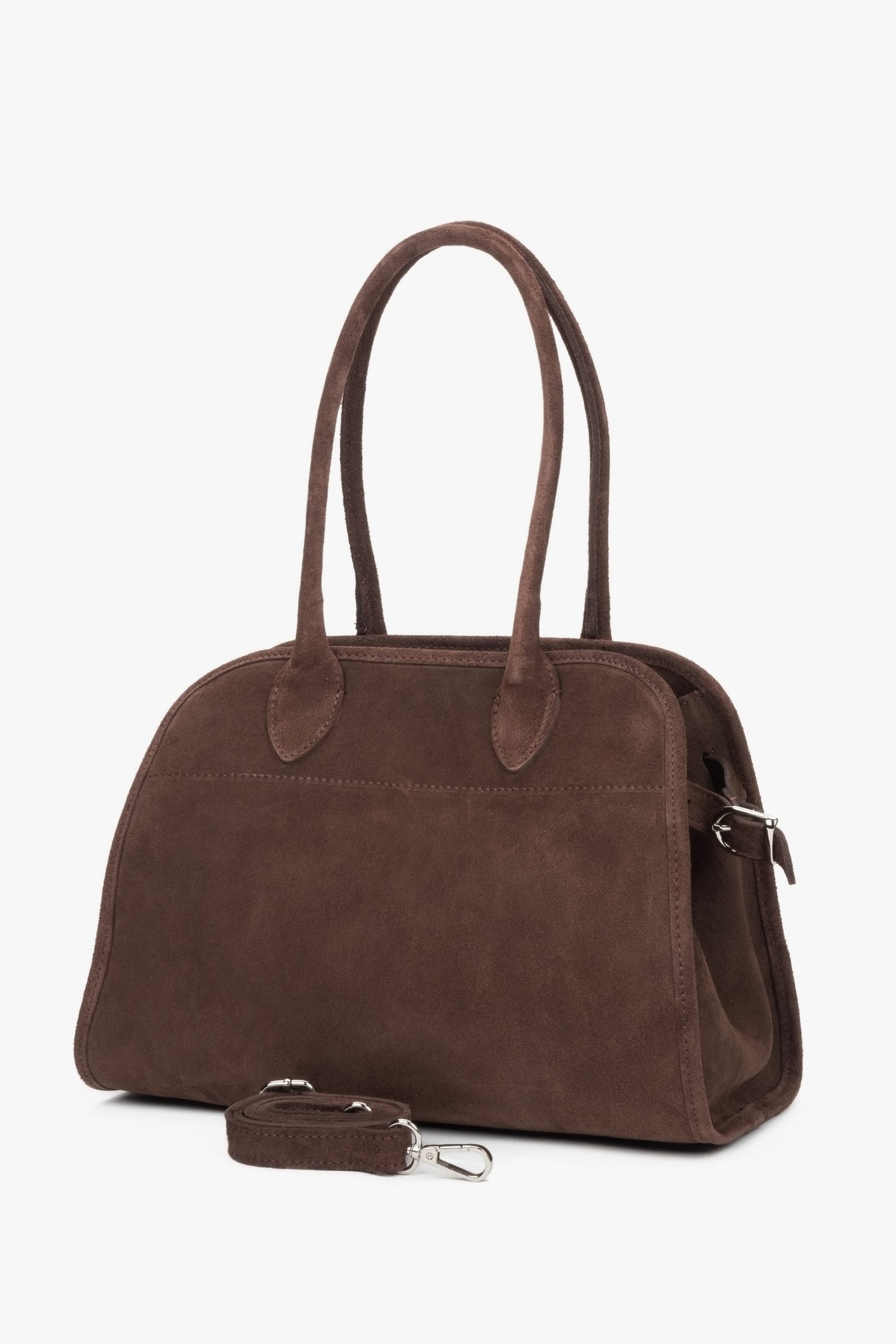 Stilvolle dunkelbraune Damen-Satchel-Handtasche aus hochwertigem italienischem Naturveloursleder.