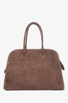 Dunkelbraune Damen-Satchel-Handtasche aus hochwertigem italienischem Veloursleder, von der Marke Estro.
