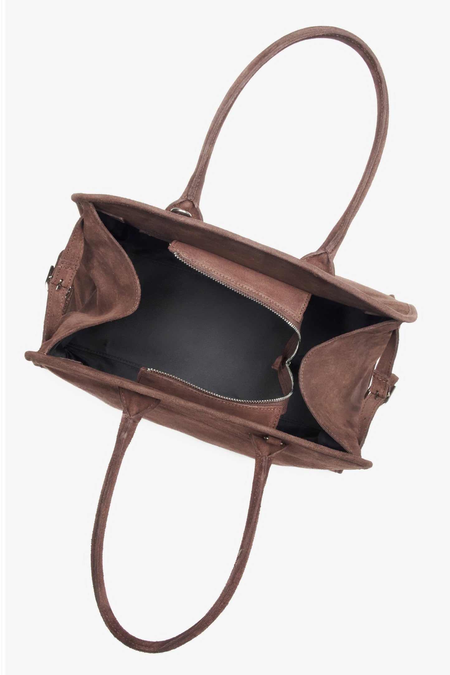 Dunkelbraune Damen-Satchel-Handtasche aus hochwertigem italienischem Premium-Veloursleder von Estro – Innenansicht.