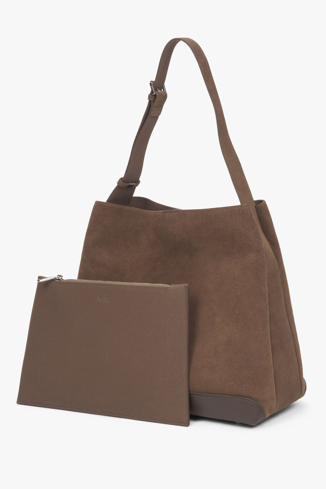 Estro Damenhandtasche in Dunkelbraun aus weichem echtem Velours, zum Tragen über der Schulter entworfen.