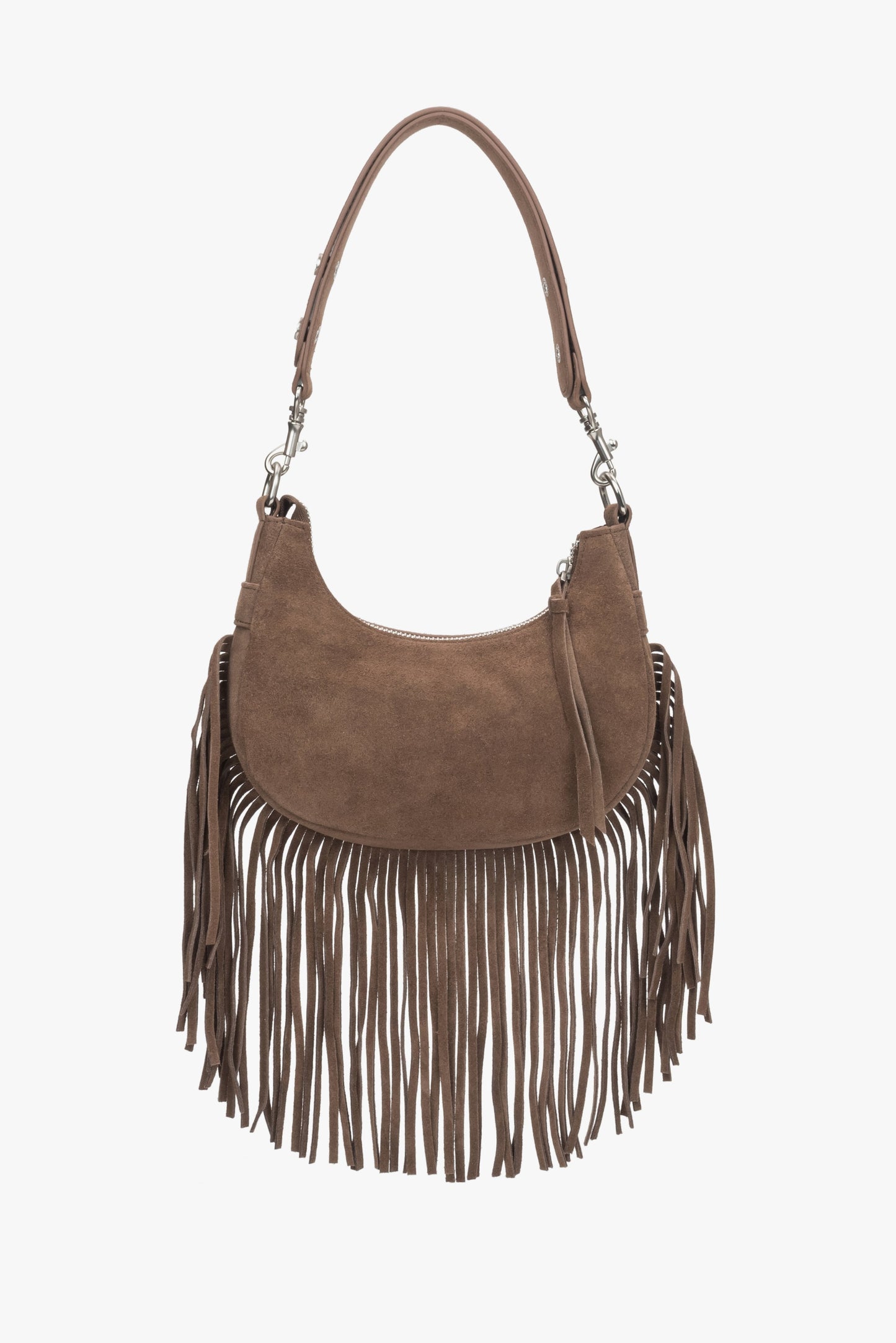 Damen-Schultertasche in Dunkelbraun aus echtem Velours mit Fransen.