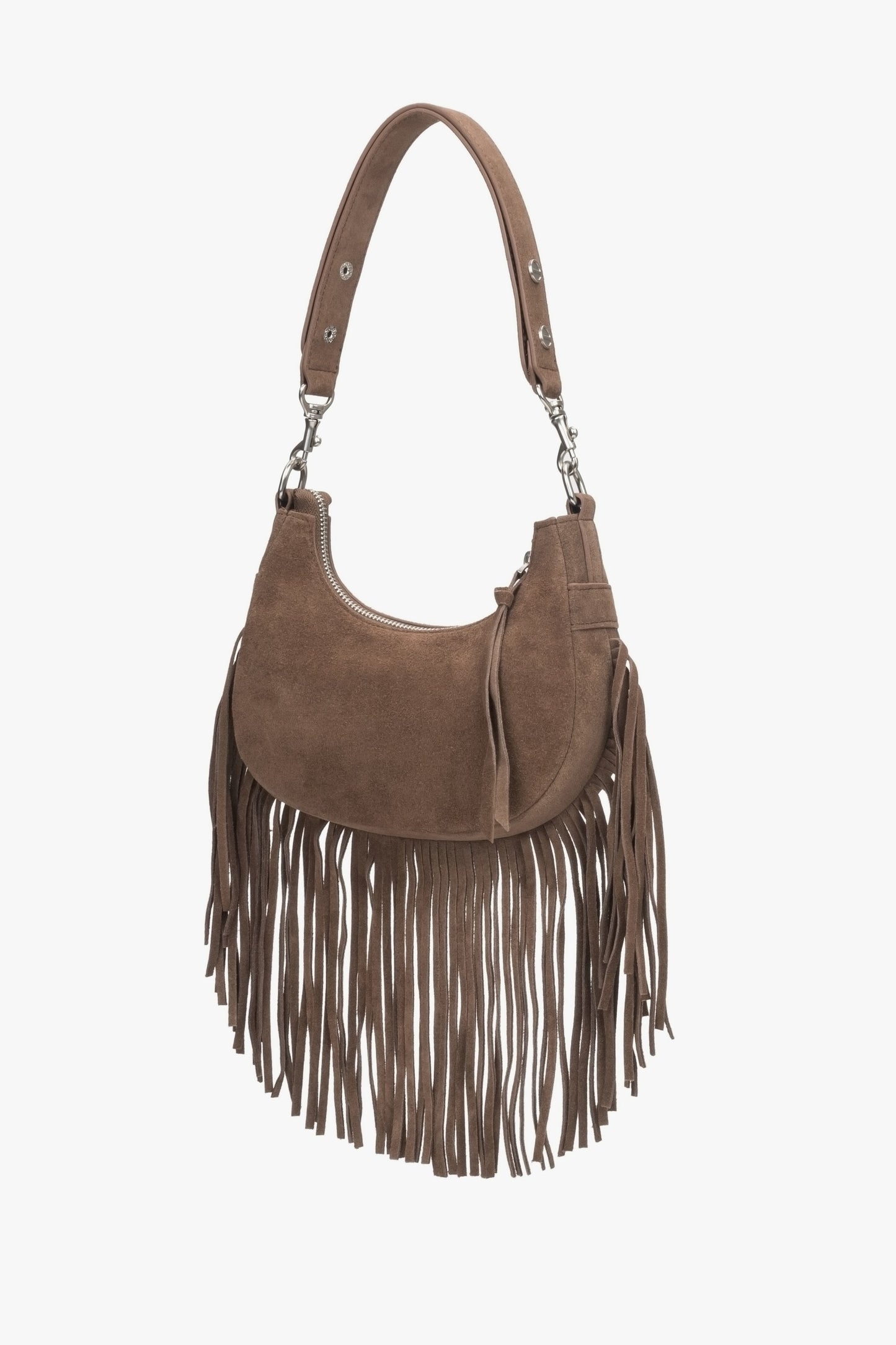 Handtasche aus echtem Velours in Dunkelbraun mit Fransen.