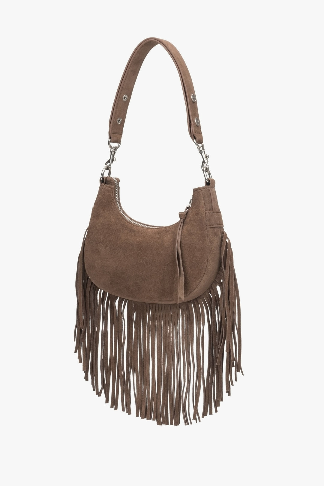 Handtasche aus echtem Velours in Dunkelbraun mit Fransen.