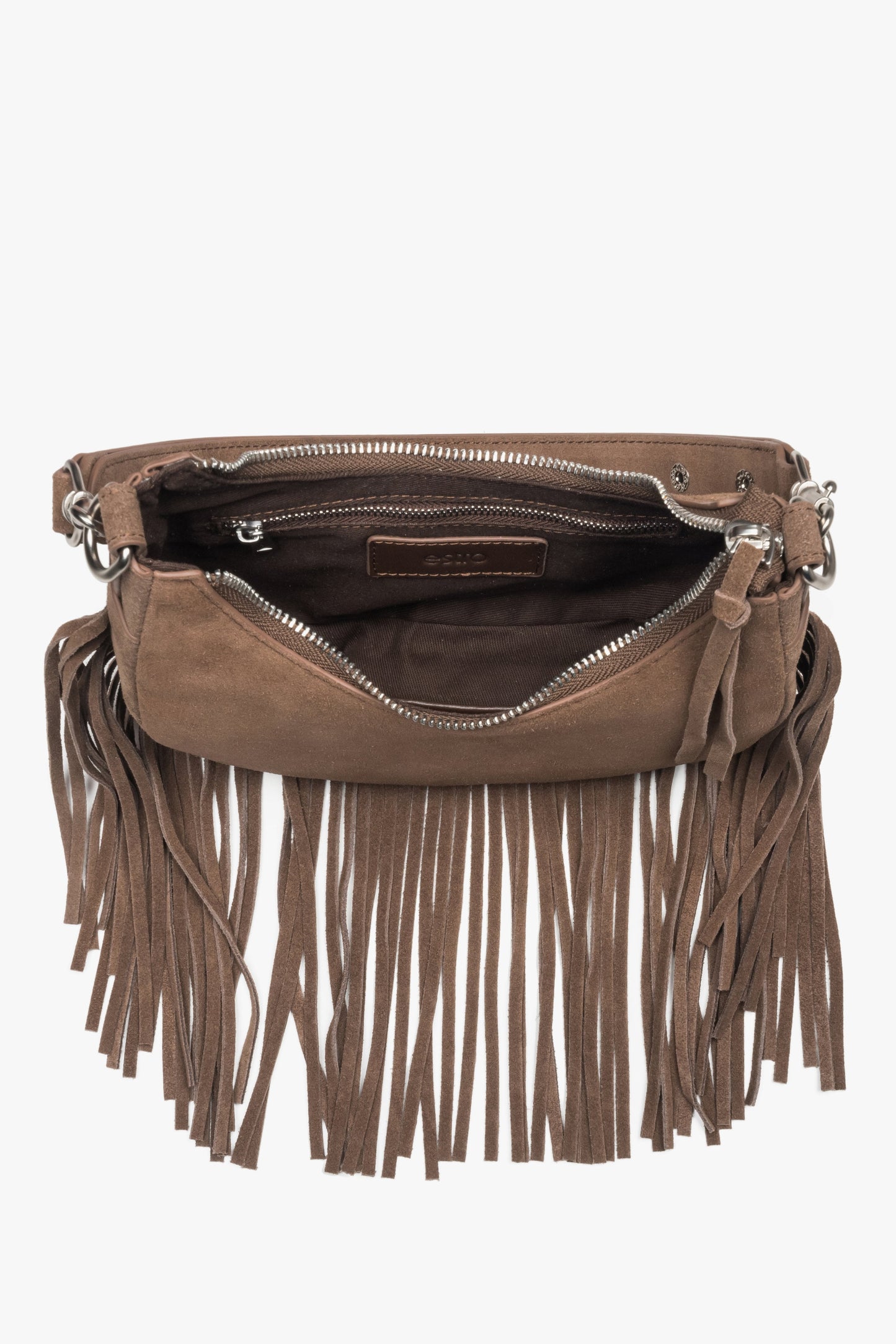 Damen-Schultertasche aus echtem Velours in Dunkelbraun – Draufsicht.
