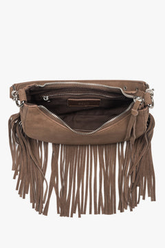 Damen-Schultertasche aus echtem Velours in Dunkelbraun – Draufsicht.