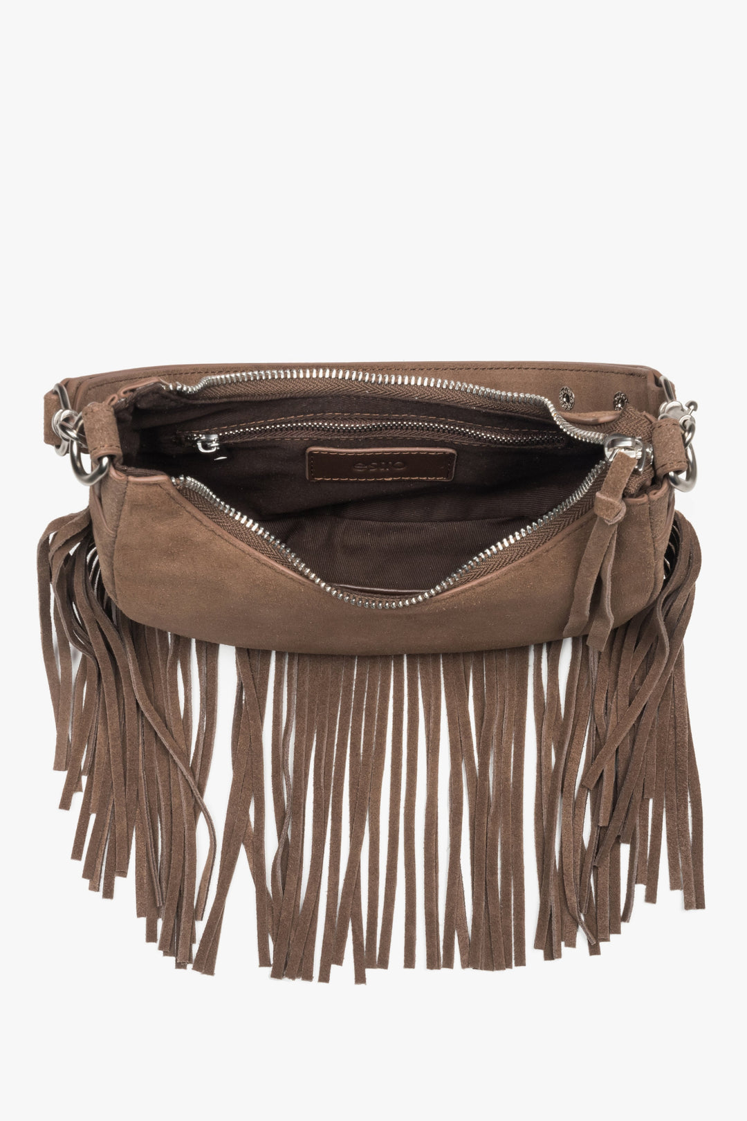 Damen-Schultertasche aus echtem Velours in Dunkelbraun – Draufsicht.