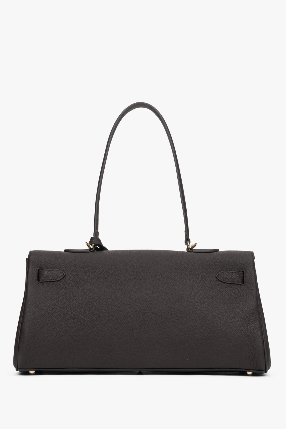 Flache Rückansicht der eleganten dunkelbraunen Schultertasche 
