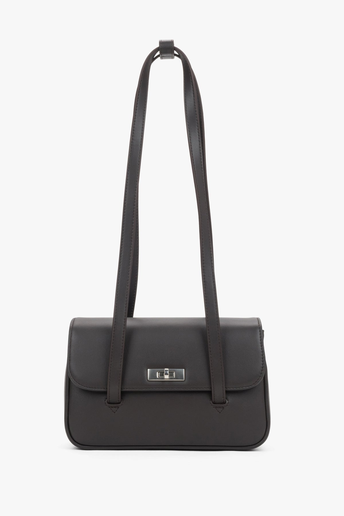 Frontale Ansicht der dunkelbraunen Damen-Schultertasche mit minimalistischem Design