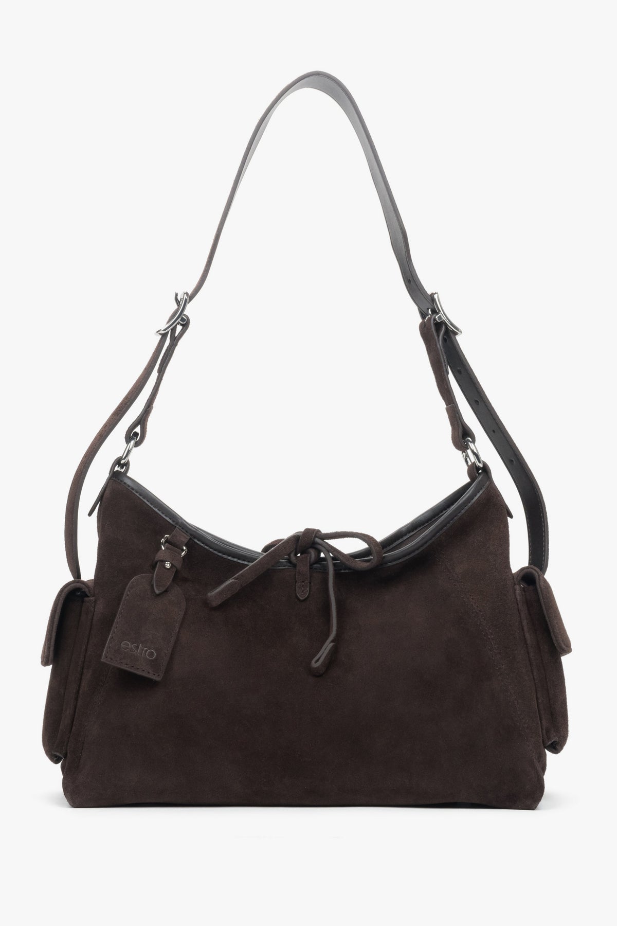 Frontalansicht der eleganten dunkelbraunen Damen-Schultertasche aus weichem Naturvelours.