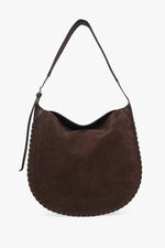 Dunkelbraune Damen-Schultertasche von Estro aus natürlichem Velours mit silberfarbenen Beschlägen.