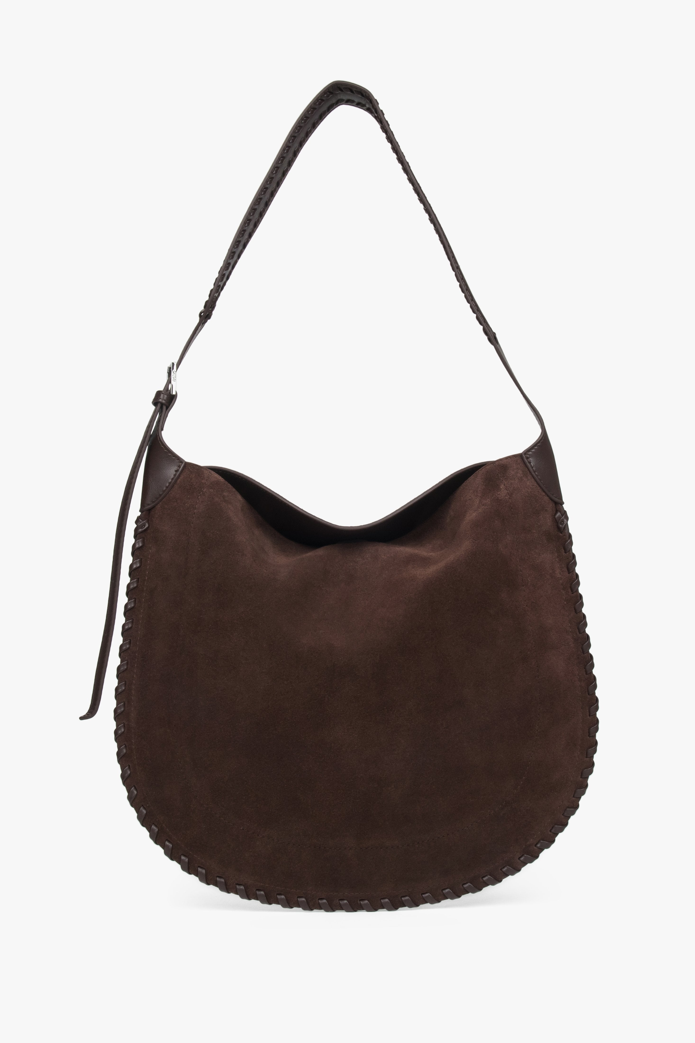 Dunkelbraune Damen-Schultertasche von Estro aus natürlichem Velours mit silberfarbenen Beschlägen.