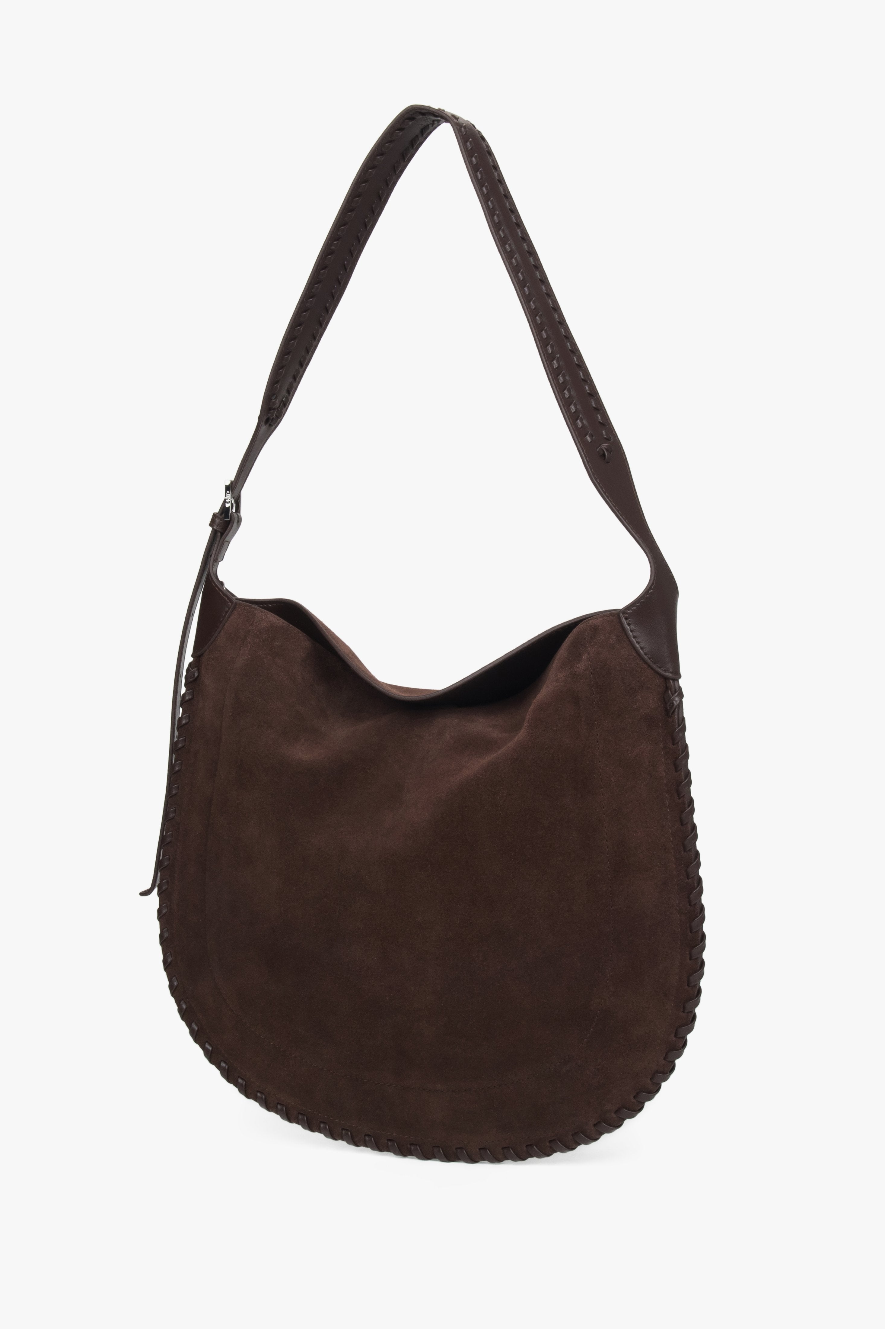 Dunkelbraune Schultertasche für Damen in geräumiger Form mit langem Schulterriemen.