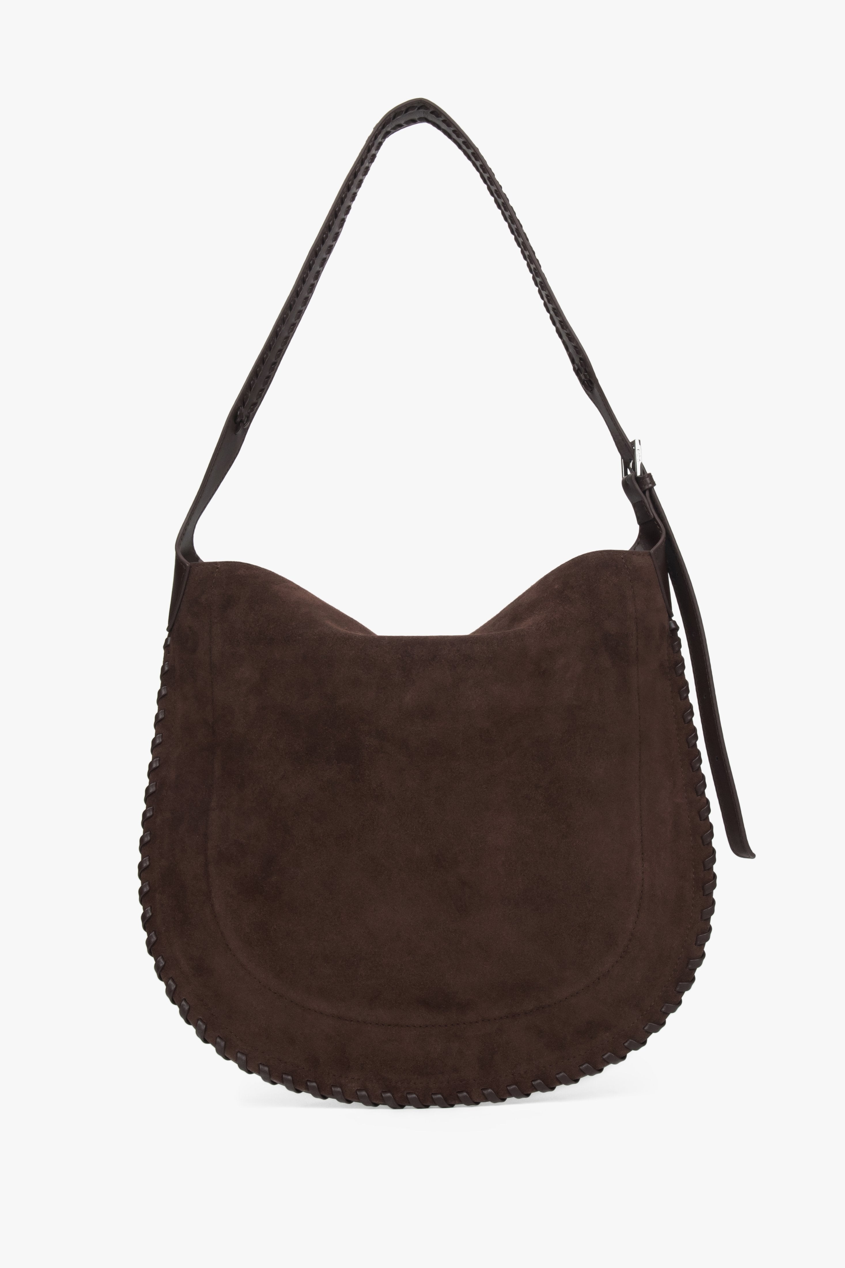 Rückansicht der dunkelbraunen Damen-Schultertasche aus natürlichem Velours von Estro.