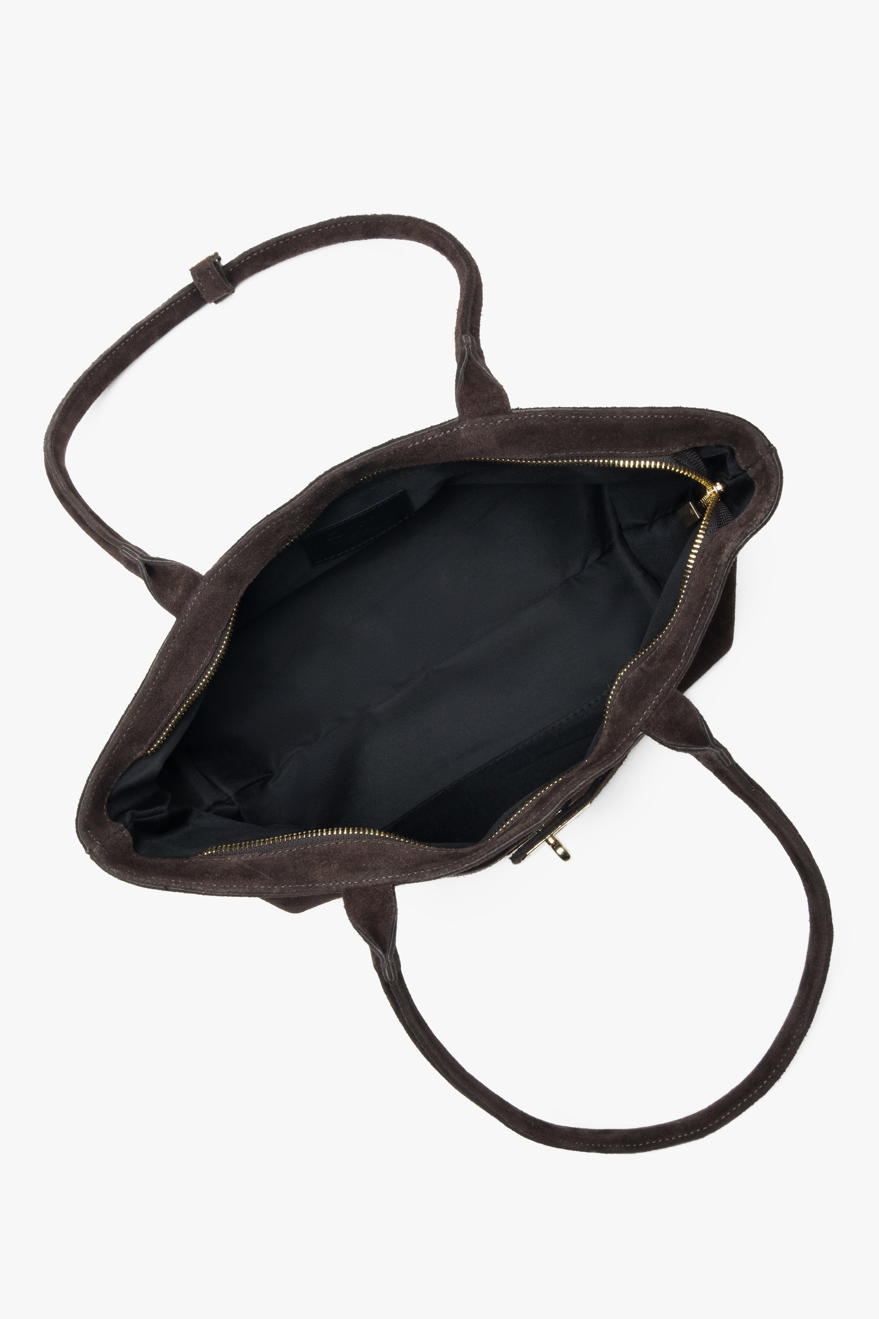 Draufsicht in das geöffnete Innere der Tasche mit Textilfutter