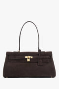 Frontale Ansicht der dunkelbraunen Damen-Schultertasche aus Velours mit goldenem Schloss-Detail